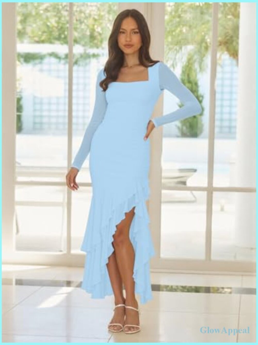 Women's Bodycon Ruched Long Sleeve Maxi Dress Mermaid Ruffle Formal Cocktail - Picture 5 of 7